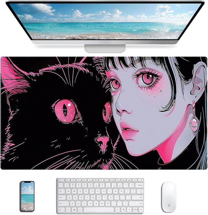 Cute Anime Black Cat Mouse Pad, Anime Aesthetic Table Pad XXL, Extended Mouse Pad Gaming Table Pad Laptop Keyboard Pad 35.4X15.7 Inch Anti Slip Rubber Base Stitching Edges ﻿