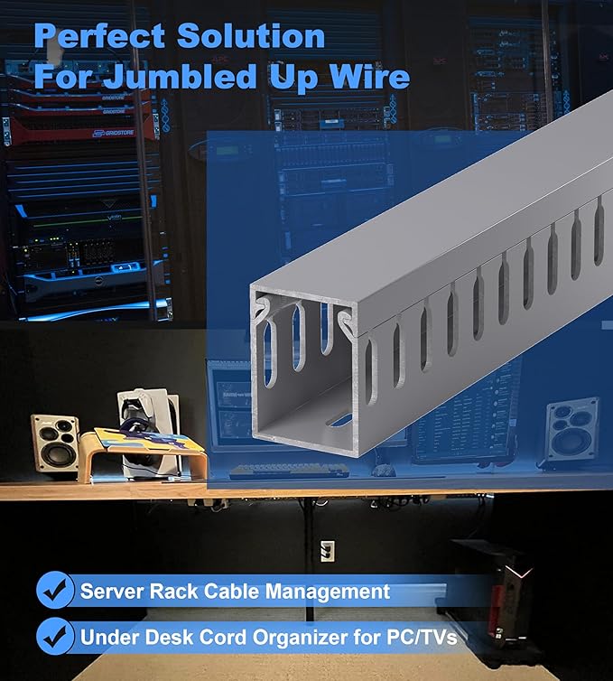 ZhiYo H1.6in W1.2in Professional Server Rack Cable Management Raceway, 6ft (2 x L3ft) Cable Raceway Kit, Electrically Safe PVC Open Slot Wire Raceway for Under Desk/Computer/Network Cords, Grey