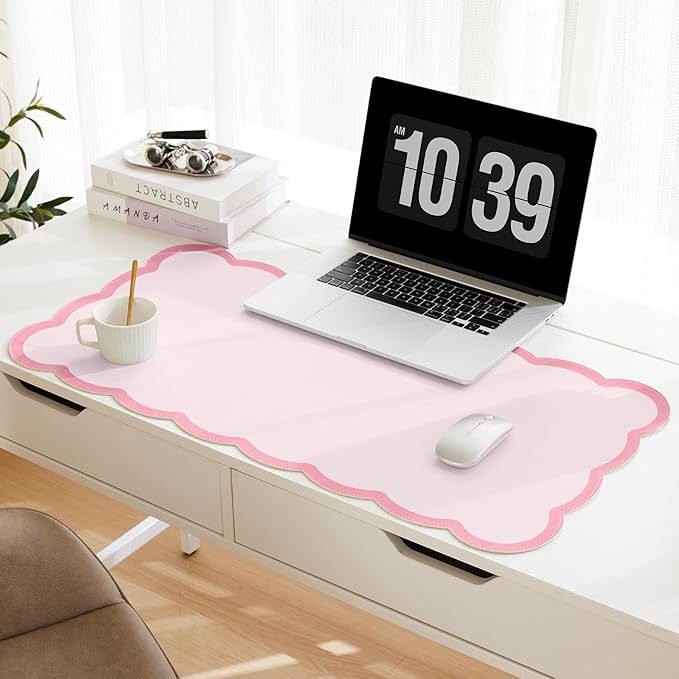 Scalloped Desk Mat, 31.5" x 15.7" Large Cute Aesthetic Desk Accessories, PU Leather Computer Laptop Desk Mouse Keyboard Pad, Desk Writing Mat for Vanity/Work/Home Decor (Pink, 31.5" x 15.7")