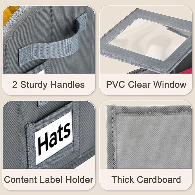 Dofilachy 4 Pack Stackable Hat Storage for Baseball Caps, Holds 56 Caps - Closet Organizer Box with Clear Window & Cardboard，Sturdy Snapback Hat Boxes for Home Storage (grey, 4)