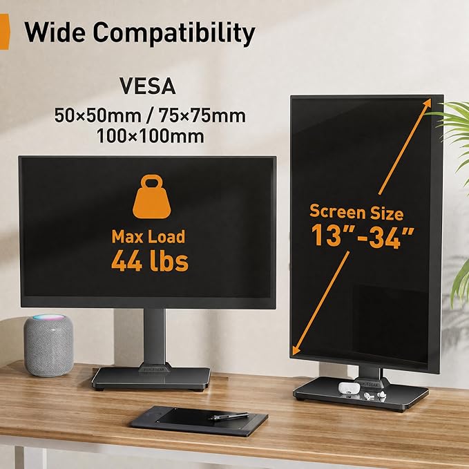 Perlegear Small TV Stand & Monitor Mount for 13-34 Inch Screens, Universal Table Top Base & Desk Riser with Swivel, Tilt, 360° Rotation and 5 Height Settings, Holds 44 lbs, Max VESA 100x100mm, PGTVS29