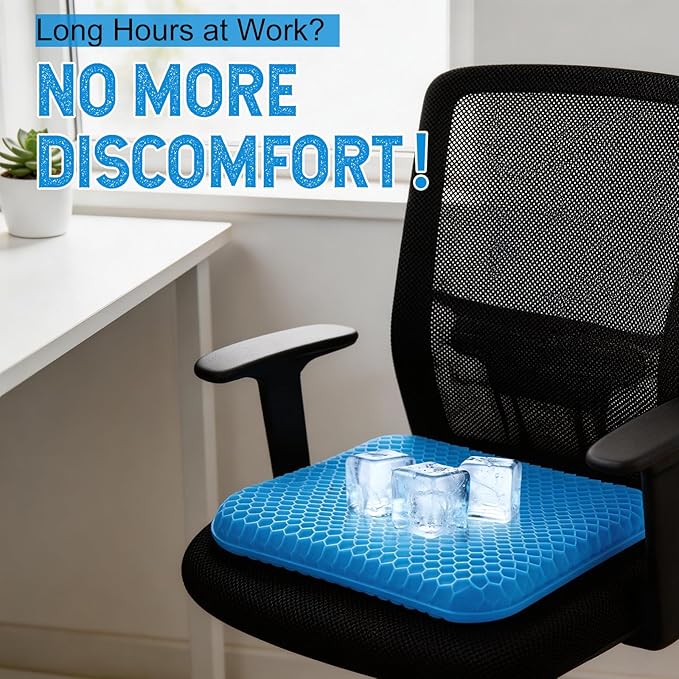 Volosso Cool Gel Seat Cushion for Long Sitting，Gel Cushion for Wheelchair Soft, Chair Cushion, Car Seat Cushion Breathable, for Office Chair for Hip Pain（Blue）