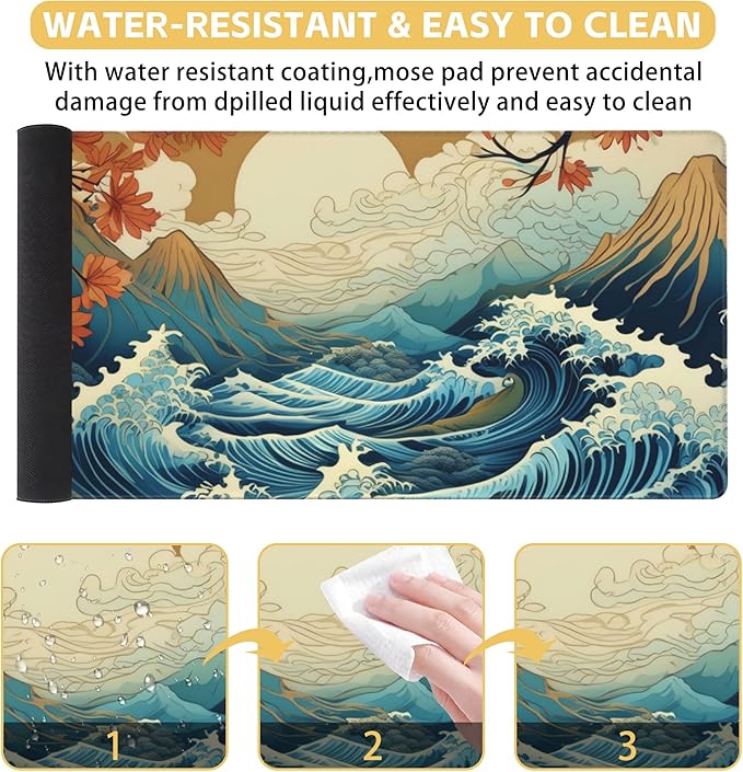 Large Gaming Mouse Pad Japanese Waves Desk Mat Mouse Pad Extended XL Mousepad, Large Non-Slip Rubber Base Mousepad with Stitched Edges, Desk Pad for Work Game Office, 31.5 x 15.8 in