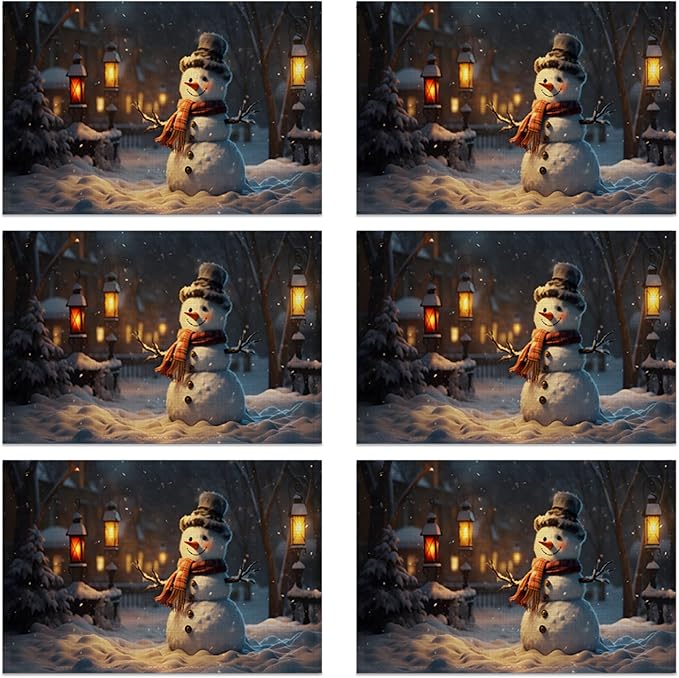 Linen Placemats Set of 6, Christmas Snowman Washable Table Mats 12x18 Inch, Heat Resistant Non Slip Placemats for Dining Table Kitchen Everyday Use