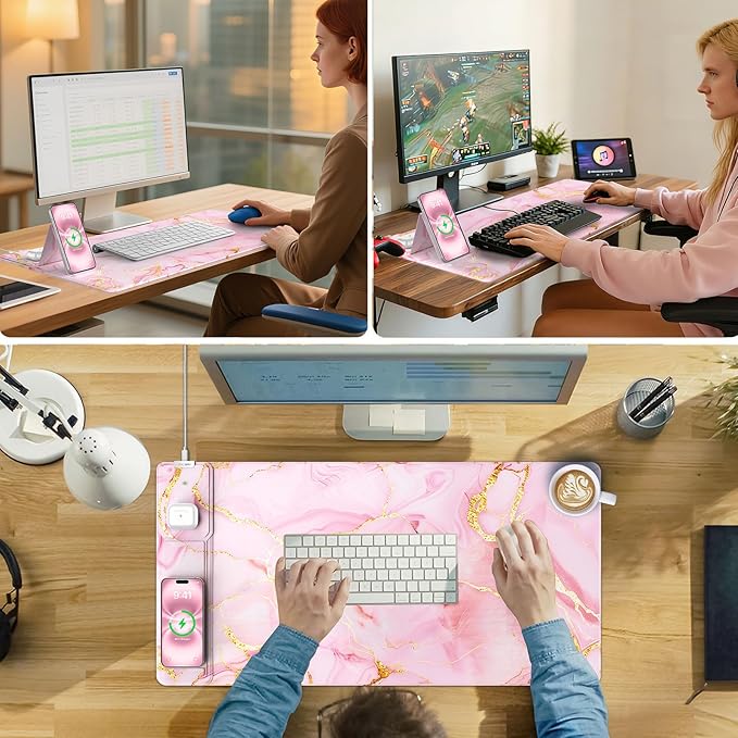Wireless Charging Mouse Pad with Foldable Phone Holder, 31.5"x15.8" Large Desk Mat for Laptop/Keyboard, Waterproof Ultra-Smooth Surface, Non-Slip Base, Pink Marble