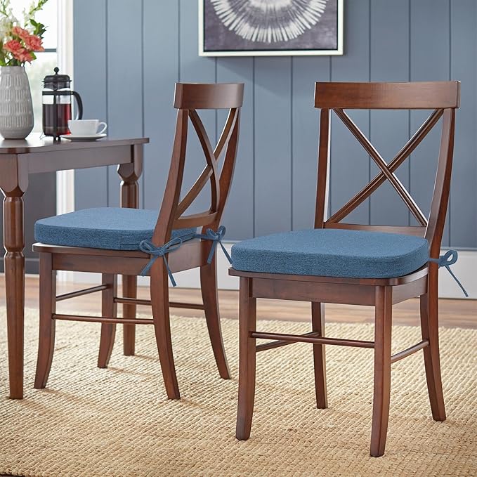 Shinnwa Chair Pads for Dining Chairs Set of 6, Non-Slip Kitchen Chair Cushions with Detachable Straps and Machine Washable Cover, 6 Pack, 17x16x2in, Blue