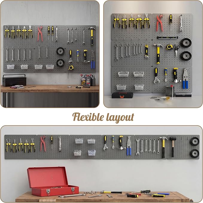 Peg Board for Tools, 4 Pack Metal Pegboard Wall Organizer with Hooks,16"×12" Gray Pegboard Panels for Walls Home, Garage Tool Storage, Kitchen, Office Organization, Craft Room
