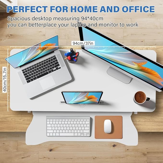 37" Height Adjustable Standing Desk Converter, Two Monitor Stable Stand up Desk Converter, 5.9"-18.8" Height Adjustable Laptop Workstation with Keyboard Tray, Desktop Riser for Home and Company