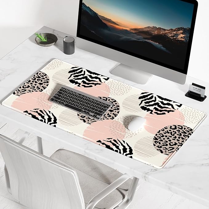 BOSOBO XXL Gaming Desk Mat, Leopard Dots Pink - 31.5 x 11.8 Inches, Full Cover