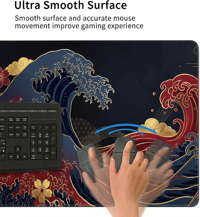 48x24in Large Gaming Mouse Pad, Traditional Japanese Wave Extended Desk Mat, Non-Slip Waterproof Keyboard Pad with Gold Accents for Home Office Gaming