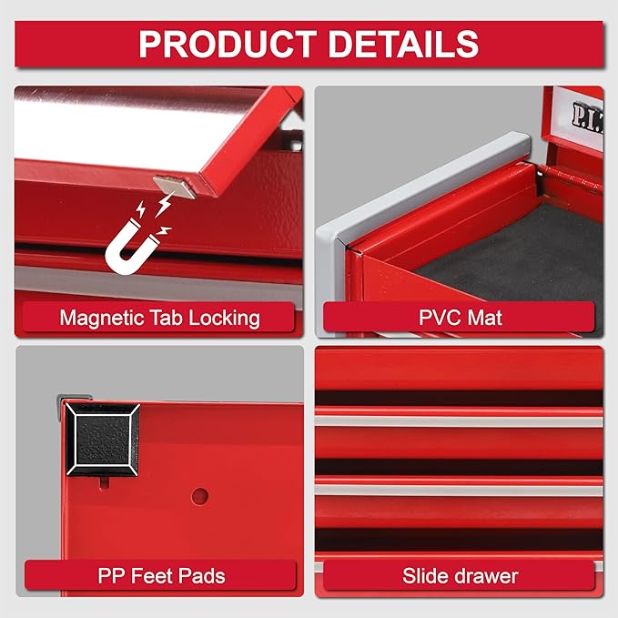 P.I.T. Mini Tool Box 8.6"W X 4.6"D, Portable 3 Drawer Steel Stackable Red Tool Box with Magnetic Tab Locking, Red Micro Top Chest with Liner for Tools Storage and Organizers, Home DIY