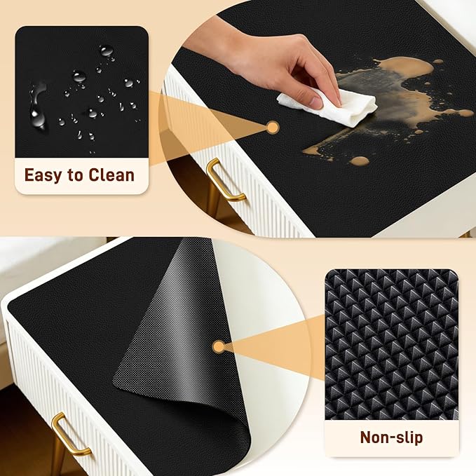 Cuttable PU Leather Nightstand Mat - 15.7x11.8in, Waterproof, Heat Resistant & Non-Slip Night Stand Accessories, Bedside Table Mat, Dresser Protector Top, End Table Cover, Small Desk Mat, Black