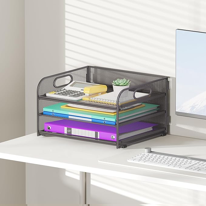 Cawukege 3 Tier Paper Organizer with Handle, Metal Desk Organizer Mesh Paper Letter Tray Desktop File Folder Document Sorter for Classroom, School, Office Accessories Storage (1, Grey)