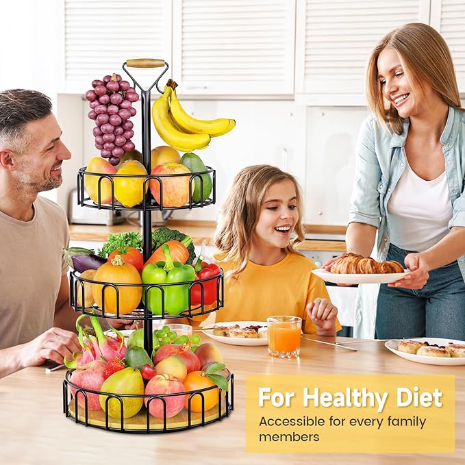 PouHenier.jh 3 Tier Rotating Fruit Basket Bowl, Kitchen Counter Wire Produce Organizer Holder, Stable Vegetable Storage Stand with 2 Banana Hangers, Countertop Tiered Veggie Rack, Easy Setup, Black