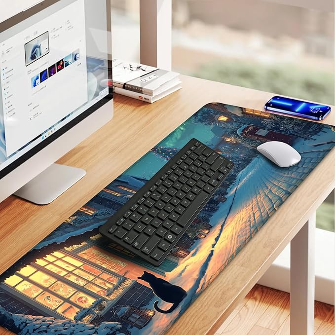 Christmas Winter Village Mouse Pad – 31.5" x 11.8" Large Extended Desk Mat with Black Cat and Christmas Tree Scene – Cozy Holiday Design, Non-Slip Base, Smooth Surface for Home & Office