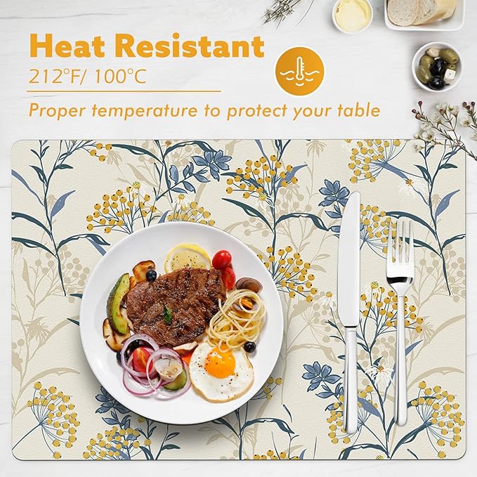 Spring Floral Washable Table Placemats - Summer Flower Faux Leather Heat Resistant Waterproof Wipeable Reusable Place Mat for Runners Kitchen Dining Tablemat Set of 4