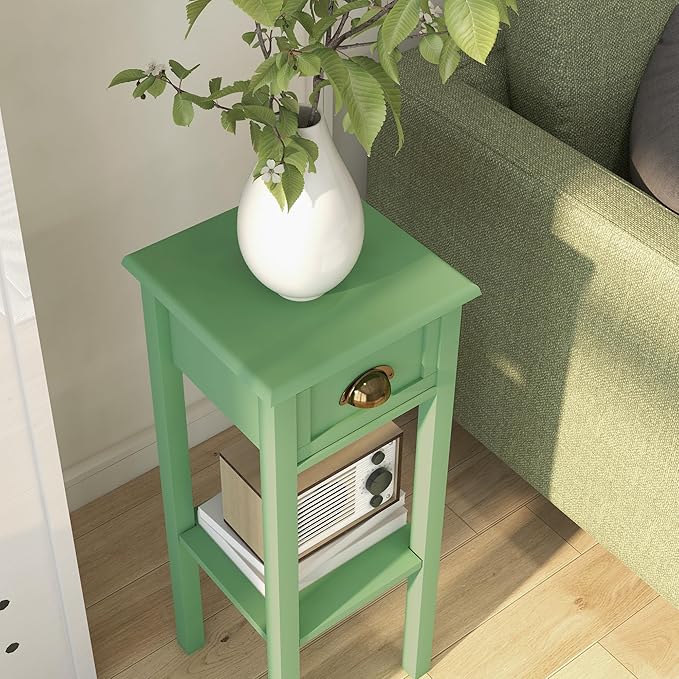 HOMCOM Narrow End Table with Drawer and Bottom Shelf, Slim Side Table for Small Spaces, Skinny Modern Accent Desk for Living Room, Set of 1, Green