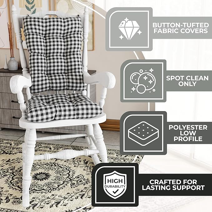 Klear Vu The Gripper Non-Slip Rocking Chair Cushion Set with Thick Padding, Includes Seat Pad & Back Pillow with Ties for Indoor Living Room Rocker, 17x17 Inches, 2 Piece Set, Gingham Black