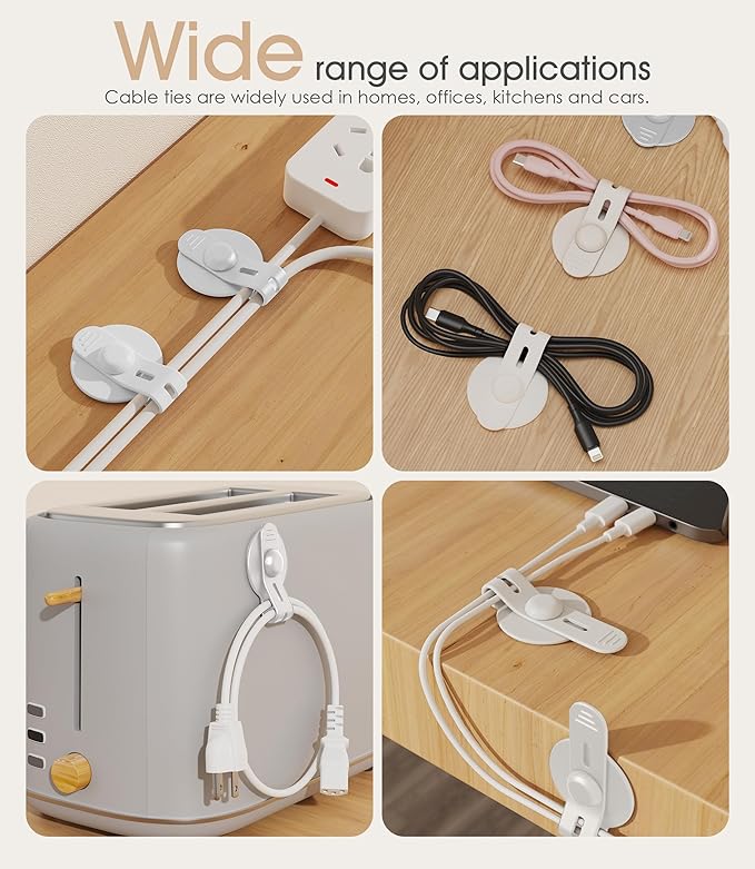 Cable Management Under Desk, Adjustable Self-Adhesive Silicone Cable Ties Cord Organizer, Reusable Heavy-Duty Cord Holder Under Table for Office, Home, School (10Pcs-White)