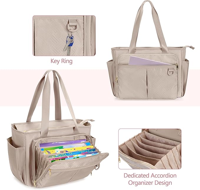 Teacher Tote Bag with Accordion File Organizer Pocket, Large Teacher Work Utility Bag for Women, Light Tan (Patent Design)