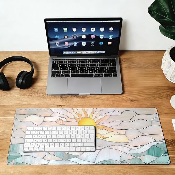 Large Gaming Mouse Pad Abstract Serene Ocean Sunrise Desk Mat,Non-Slip Rubber Base Stitched Edges,Extended Mousepad for PC,Laptop,Office,Home Decor(31.5 x 11.8 Inch)