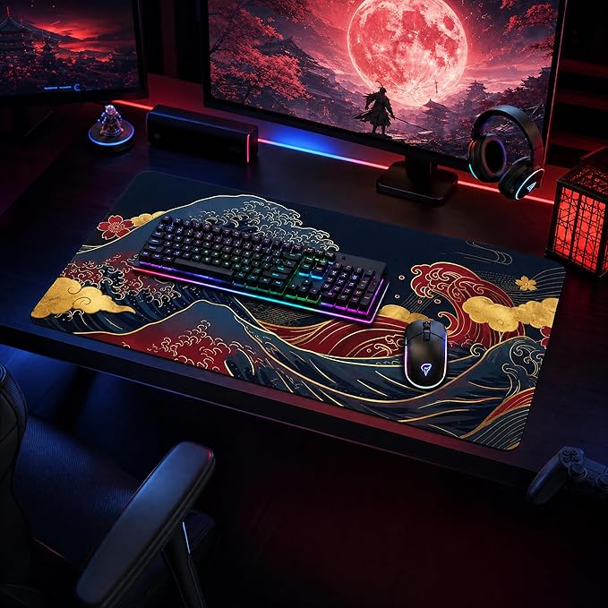 AQQA Japanese Great Wave Mouse Pad XL - Extended Gaming Desk Mat (31.5 x 15.7 in), Black and Gold Ukiyo-e Art Mousepad with Anti-Slip Rubber Base, Waterproof Keyboard Mat for Office, Home & Esports