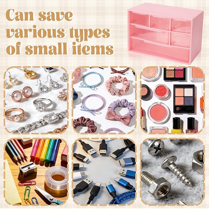 Briwooody 6 Pack Craft Drawer Organizer with 6 Clear Drawers 7.09" X3.94" X4.72" Stackable Suspension, Small Storage Drawers for Office, Classrooms, and Home Desk Organization, Pink