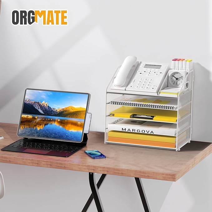 Letter Tray Paper, 5 Tier Desk Organizer with Pen Holder and Handle, Mesh File Organizer Paper Sorter Metal Desktop Document Shelf for Office Home Classroom - White