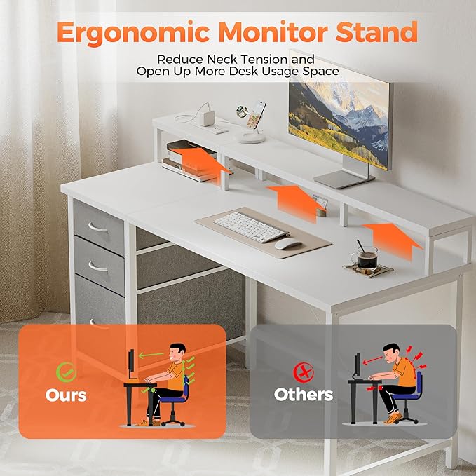 Mericonia 63 inch Computer Desk with Storage Drawers & Monitor Stand, Reversible Gaming Desk with LED Lights & Power Outlets, Large Gaming Table for Home Office