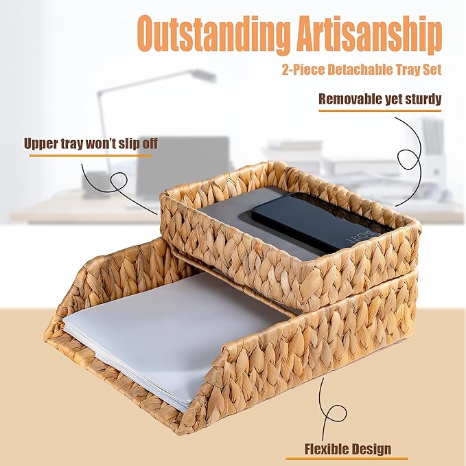 PINXIURY Woven Water Hyacinth Paper Organizer for Desk – Set of 2 Letter Trays – Tabletop Folder & Document Storage Trays – Desktop File Organizer for Home & Office