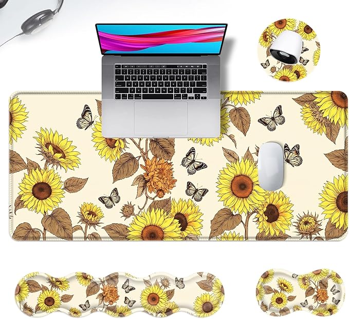 Ergonomic Mouse Pad Set with Wrist Support for Keyboard and Wrist Rest for Mouse, Memory Foam Comfort, Non-Slip Large Desk Mat for Home Office Pain Relief,Vintage Butterfly Sunflower