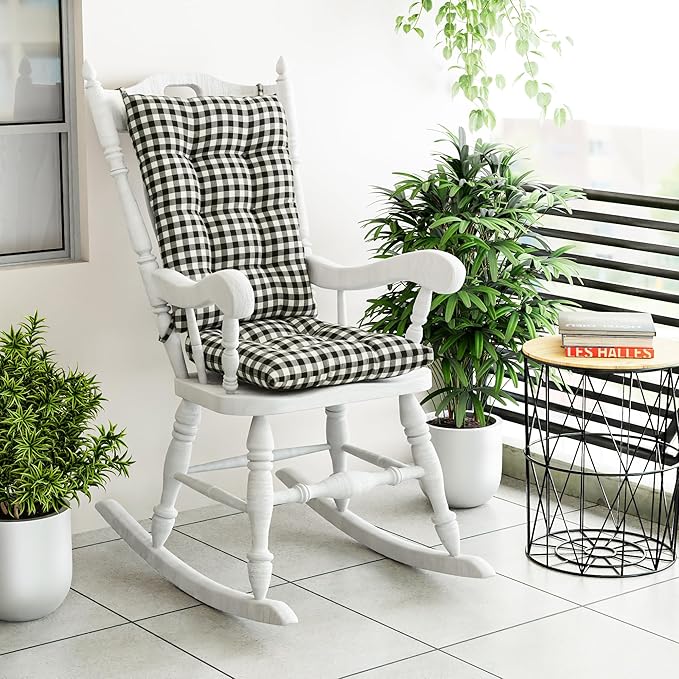 Klear Vu The Gripper Non-Slip Rocking Chair Cushion Set with Thick Padding, Includes Seat Pad & Back Pillow with Ties for Indoor Living Room Rocker, 17x17 Inches, 2 Piece Set, Gingham Black