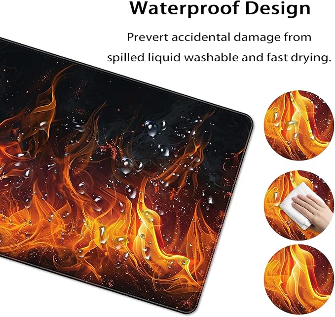35.4 x 15.7 in, XXL Large Mouse Pad for Desk, Extended Keyboard Mouse Mat for Computer Office, Big Mousepad with Stitched Edges, Gaming Pc-Flame on Black