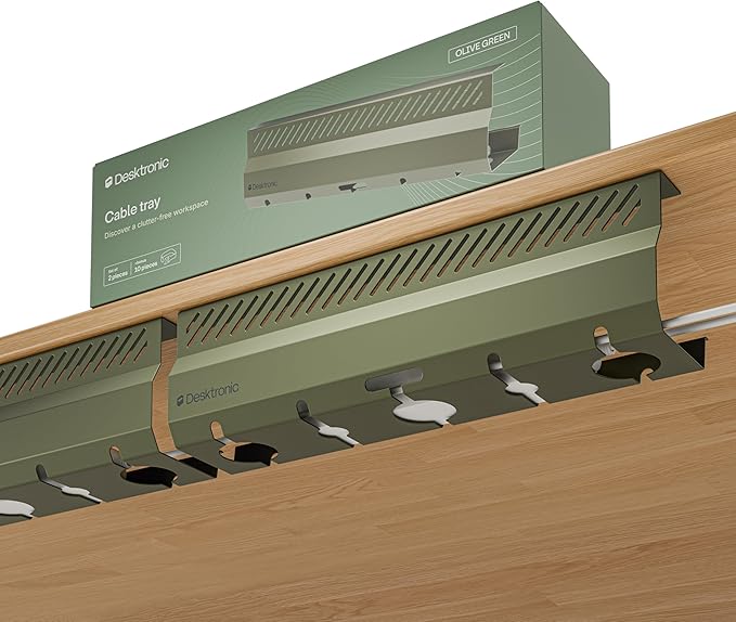 Desktronic Cable Duct Desk Green Set of 2 - Stainless Steel Cable Management Desk Cable Duct with 5 Cable Cut-Outs - Easy to Install Cable Organiser - Cable Holder