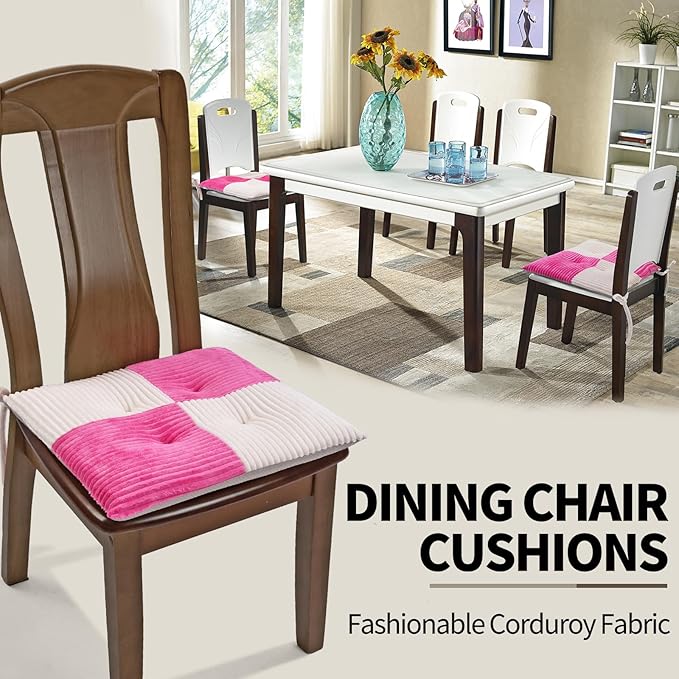 Office Stacking Chair Cushion with Ties, Corduroy High Density Foam Non-Slip Kitchen Seat Cushion, Square 17" x 17" Indoor Dining Chair Pads, White + Pink, 1 PCS