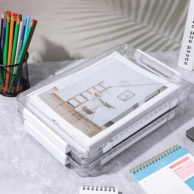 4 Pack Clear Plastic File Boxes with Handle, Modern Style, Stackable, Water Resistant, A4 Letter File, Document, Photo, Scrapbook Storage