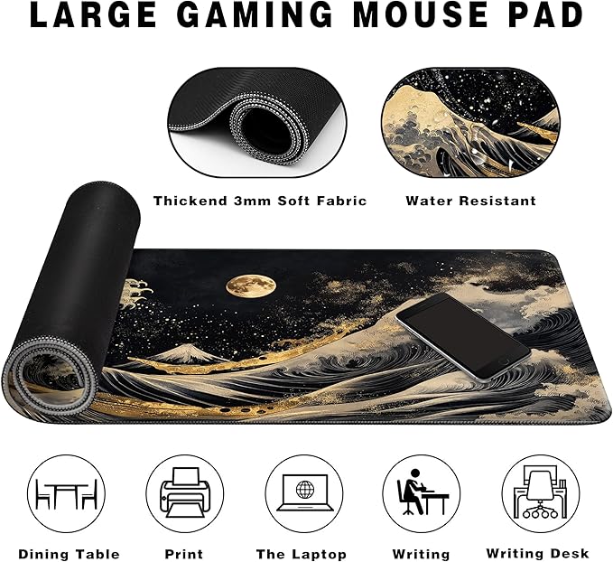 Long Gaming Mouse Pad Extended Anime Large Desk Pad with Non-Slip Base Full Keyboard Mat with Stitched Edges for Gaming and Office 31.5 x 11.8 inches (Sea Full Moon)