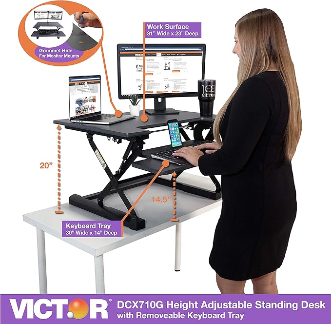 Victor DCX710G High Rise Collection Height Adjustable Standing Desk with Keyboard Tray (Gray) - Sturdy Steel Frame, Dual Lever Release System, 2 Tiered Wooden Work Surface and Keyboard Tray, 31 Inches