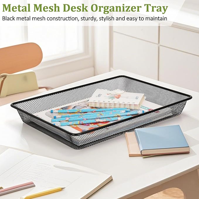 Office Metal Mesh Basket for Desk, Single Paper Tray Organizer, Turn in Trays Classroom, Flat Mail Letter Storage Basket for Office Home Drawers School, Black (5 Pack)