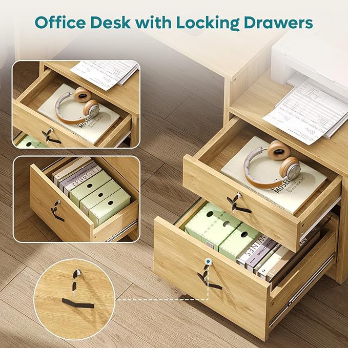 Bestier 55" Computer Desk with Power Outlets & LED Lights, Home Office Desk with Lockable File Drawer & Printer Shelf, Monitor Stand, Modern Gaming Desk & Study Workstation, Natural Oak