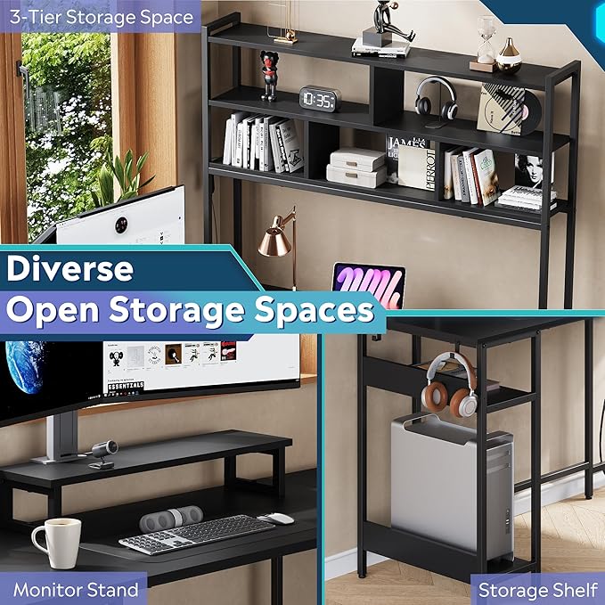 DEVAISE 66 Inch L Shaped Gaming Desk with Drawers and Storage, Corner Desk with LED Lights, Power Outlets, Computer Desk with Monitor Stand, Office Desk for Home, with Hutch, Black