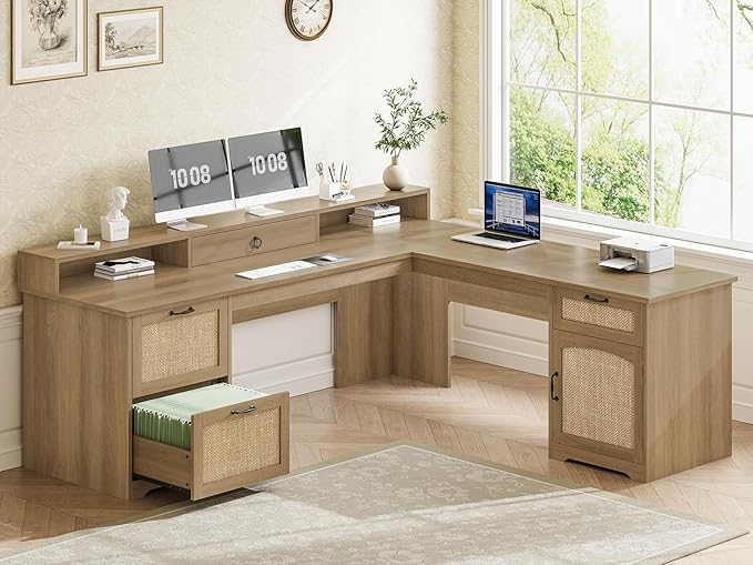 SEDETA 63" Rattan L Shaped Desk with Drawers, Farmhouse Corner Computer Desk, Wood Office Desk with File Drawers with Storage, Executive Desk with Monitor Stand and Storage Cabinet, Oak