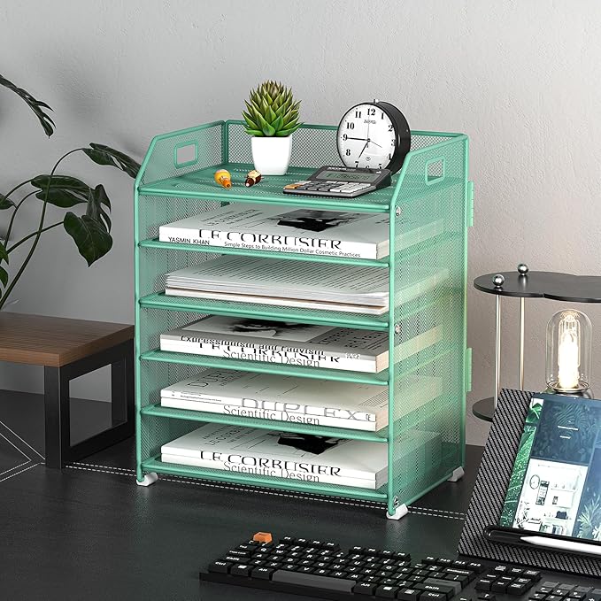 6 Trays Paper Organizer Letter Tray with Pull-Out Drawer, Assembled Mesh Desk File Holder, Metal Paper Sorter for Office Documents, Green