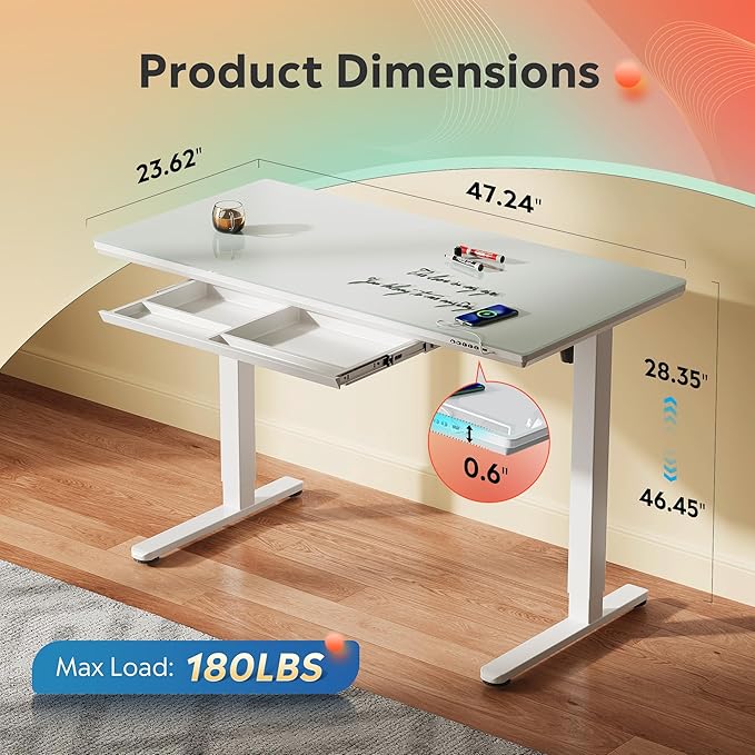 DEVAISE 48 Inch Electric Standing Desk, 3 Adjustable Computer Desk for Home Office, with LED Touchscreen，Headphone Hook, 3 Memory Preset, with One-Piece Glass Desktop, White