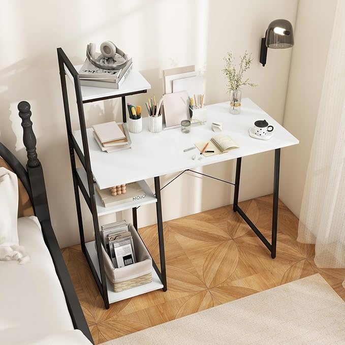 Tangkula Computer Desk with Shelves, Space Saving Home Office Desk with 3-Tier Ladder Shaped Storage Bookshelf, Modern Writing Study Desk with Metal Frame, Compact Computer Workstation (White)