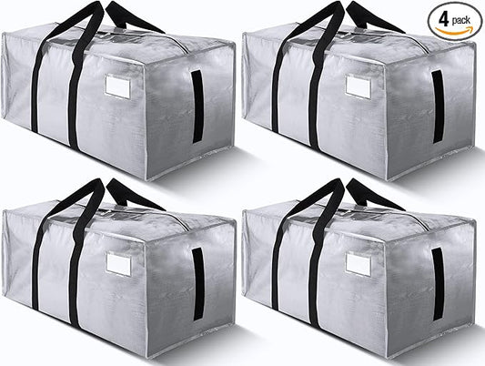 HOMESURE Supports 200lbs Heavy Duty Moving Bags - Strong Zipper & Wrap-Around Handles - Water-Resistant Storage Totes, Durable Alternative to Moving Boxes - 4 Pack - Silver