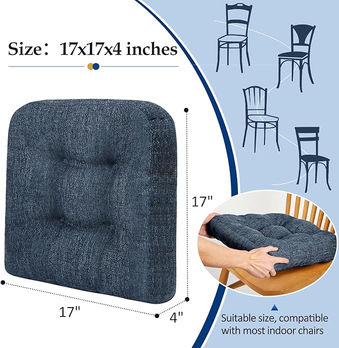downluxe Chair Cushions for Dining Chairs 2 Pack, Tufted Indoor Chair Pads with Non-Slip Bottom, U-Shaped Kitchen Chair Cushions, 17"x17"x4", Navy
