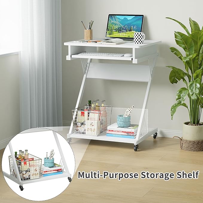 ALISENED 2 Tier Computer Desk with Keyboard Tray, 23.6" Home Office Desk Computer Workstation Rolling Study PC Laptop Table for Small Spaces,Z-Shaped Small Compact Study Table,White