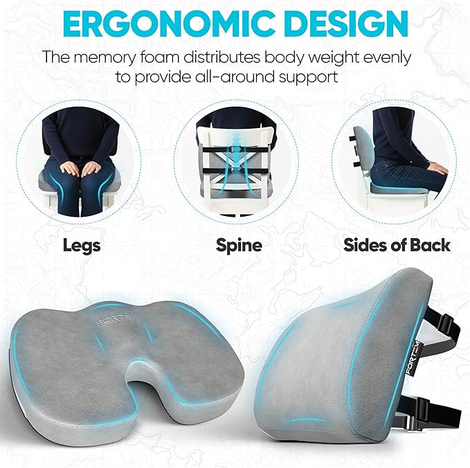 FORTEM Seat Cushion, Office Chair Cushion, Lumbar Support Pillow for Office Chair, Memory Foam Car Seat Cushions, Sciatica Coccyx Tailbone Pain Relief, Cushions for Back Support, Washable, Non Slip