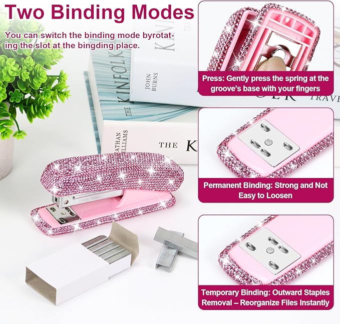 MultiBey 7 Pcs Pink Bling Rhinestone Desk Accessories Set, Crystal Office Stationery Kit with Stapler, Tape Dispenser, Scissors, Drawer Organizer - Glamorous Gift for Home School Office Supplies